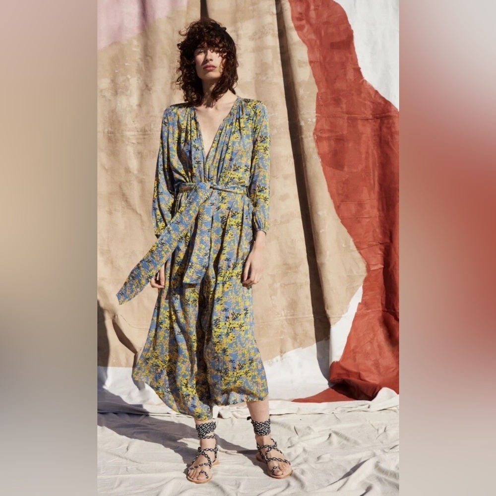 Apiece Apart Blue and Yellow Floral Jumpsuit, Size 2 (size 8-10), Belt Jumpsuit